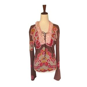 Vintage Y2K Voyage Passion Long Sleeve Top Tee Shirt Fur Trim sz Large